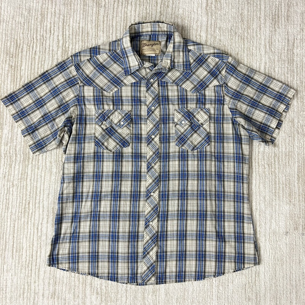 Wrangler Western Snap Shirt L Men's Blue Beige White Plaid Cowboy Short Sleeve